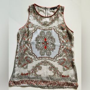 Silky Halter Tank, Violet & Claire, Large. Grays and tan with pops of tomato.